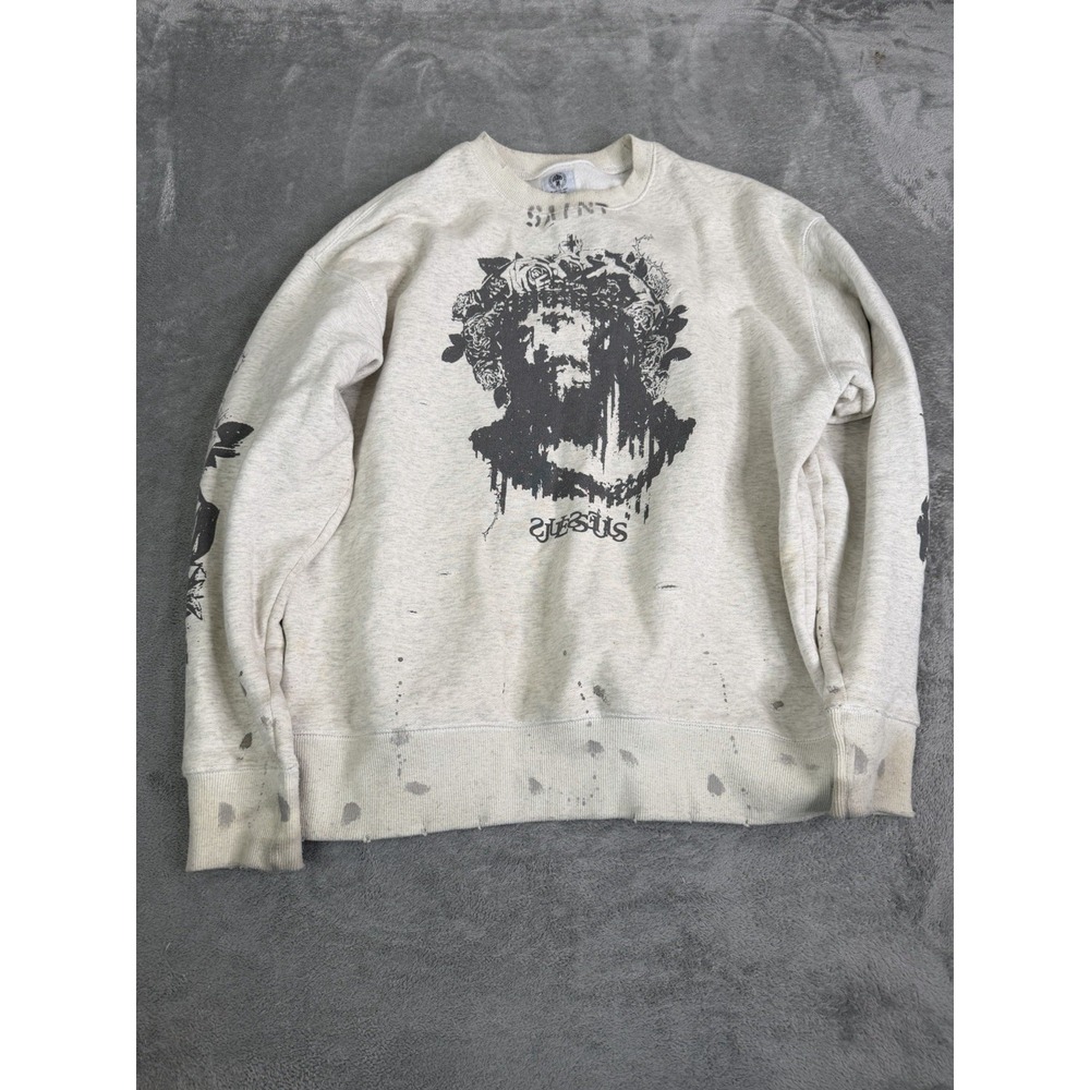 Saint Michael Jesus Pullover Crewneck Sweatshirt Men's Size Large Gray